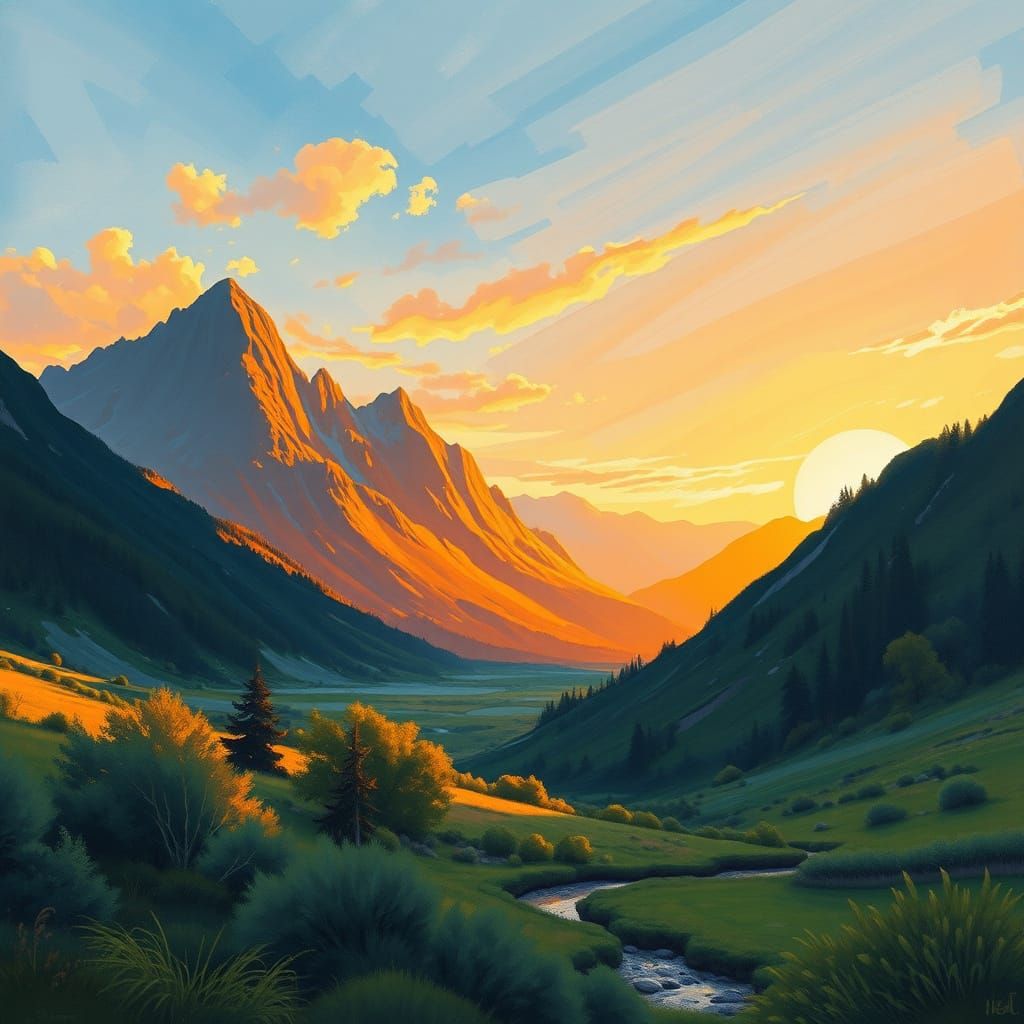 Golden Twilight Landscape in Gouache Style