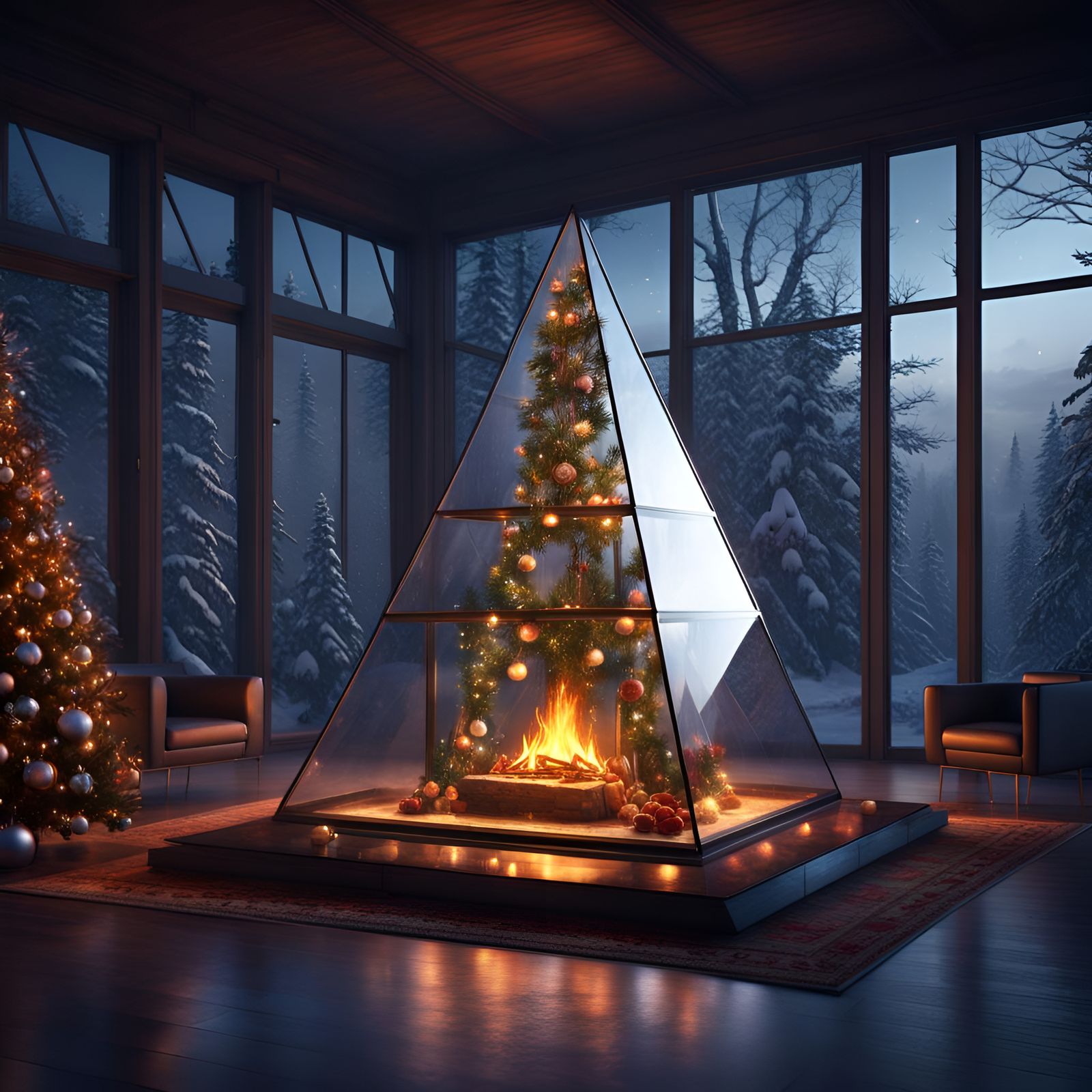 Christmas Fireplace in Glass Pyramid: Fantasy Concept Art
