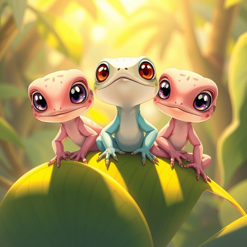 Cute Baby Lizards in Vibrant Anime Style