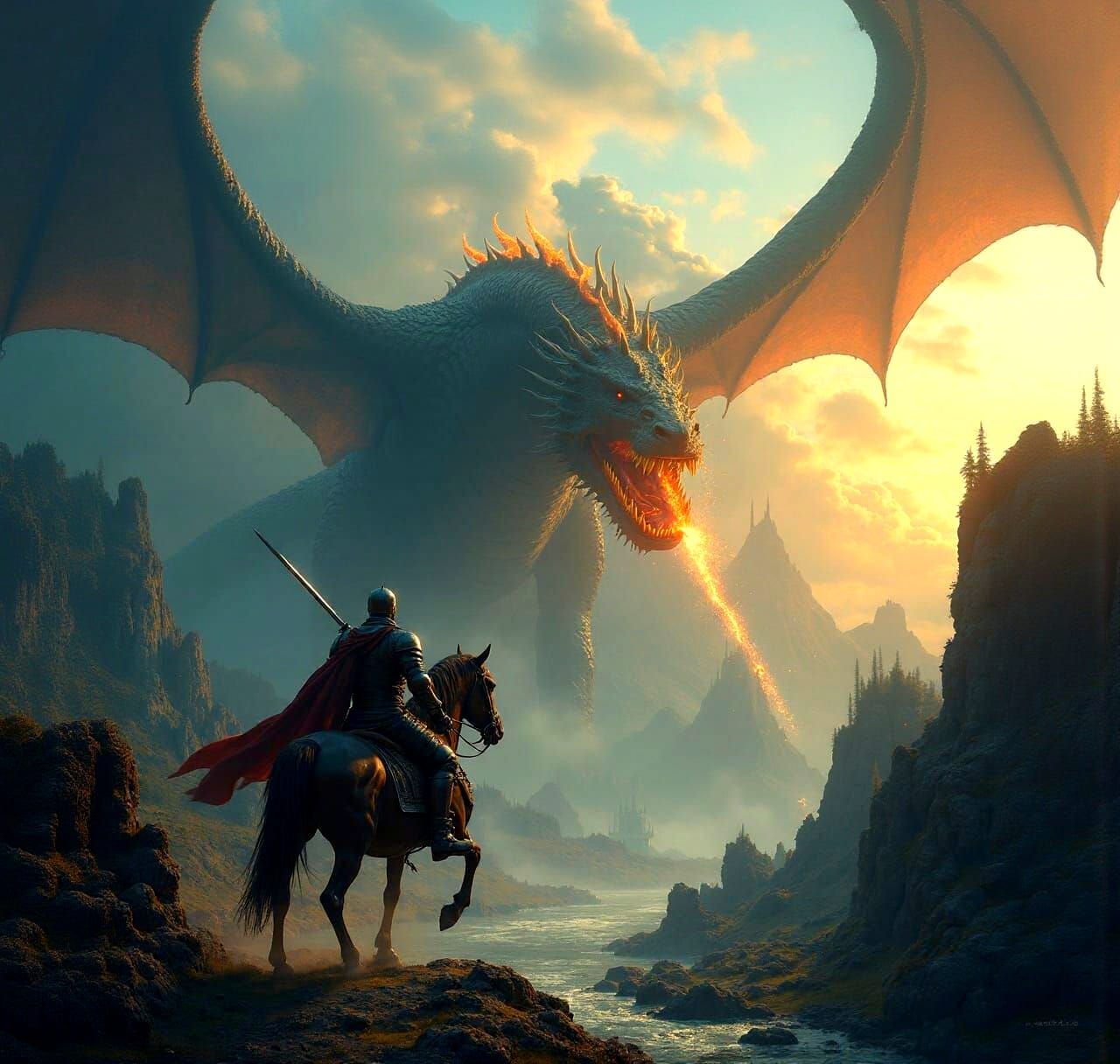 Epic Dark Fantasy Scene of Knight Fleeing Dragon in Cinemati...