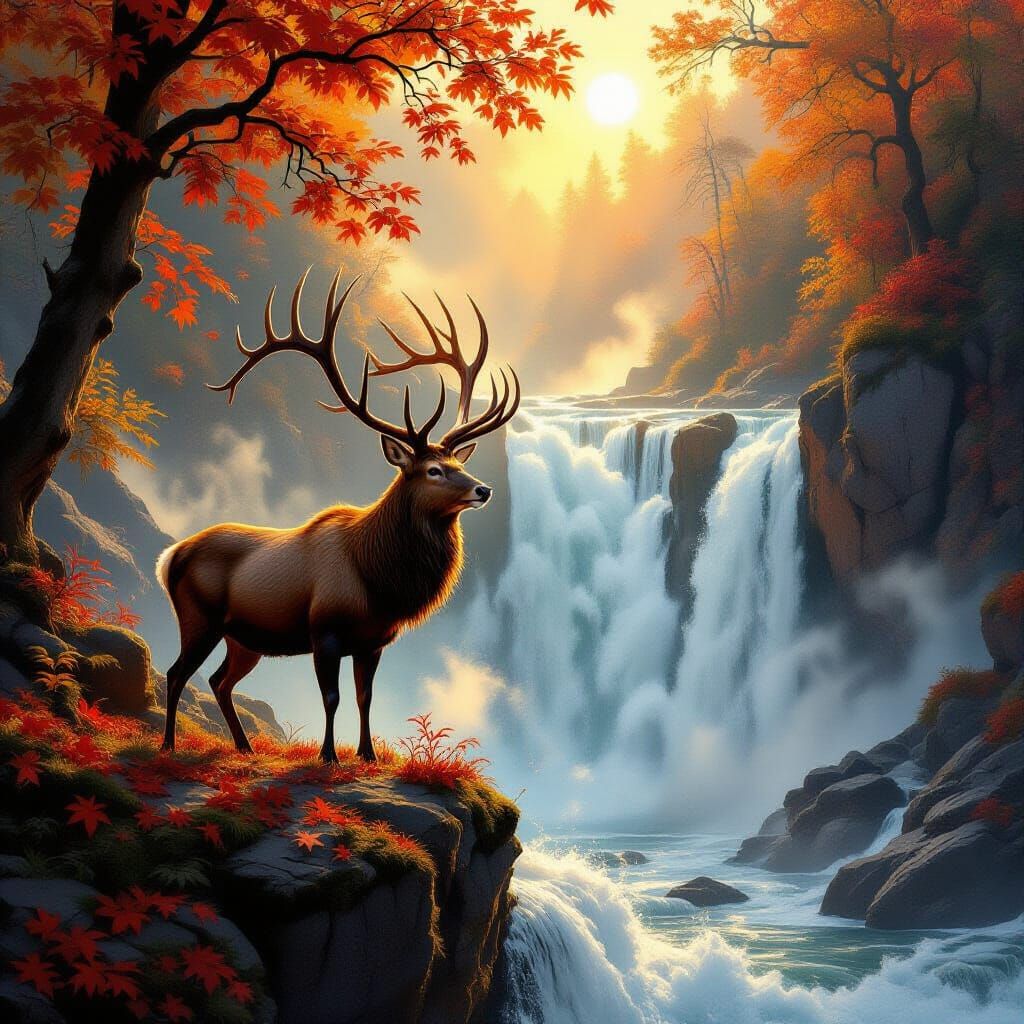Majestic Stag by Waterfall in Golden Light