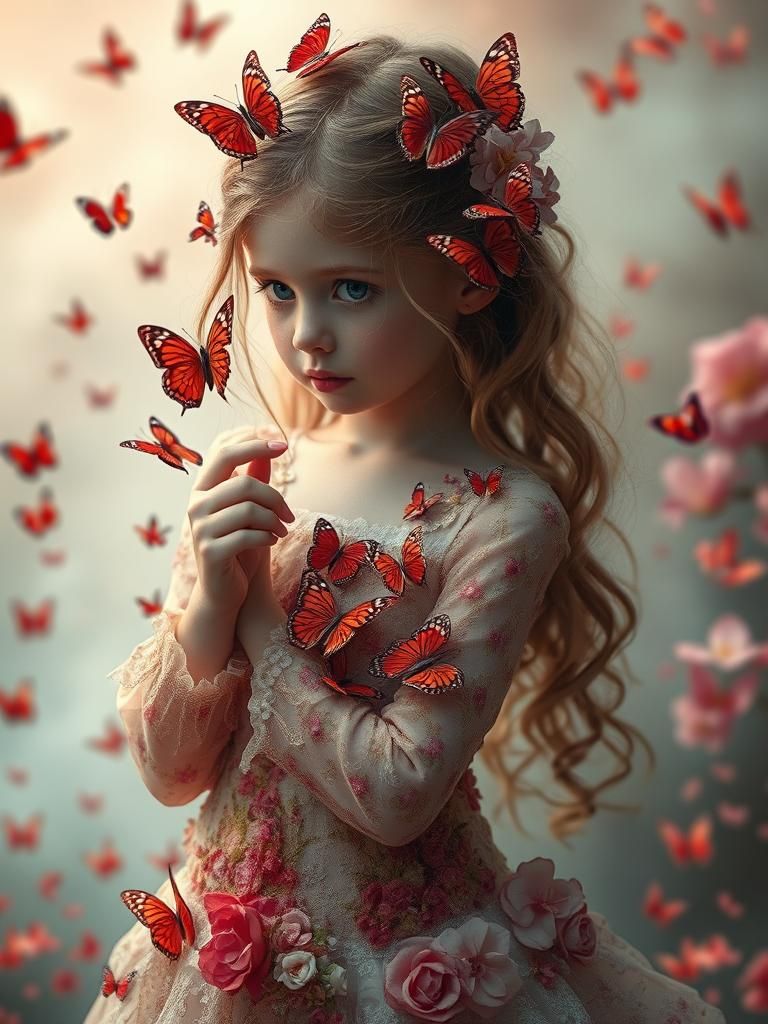 Surreal Girl Dancing with Butterflies in Dreamy Microworld