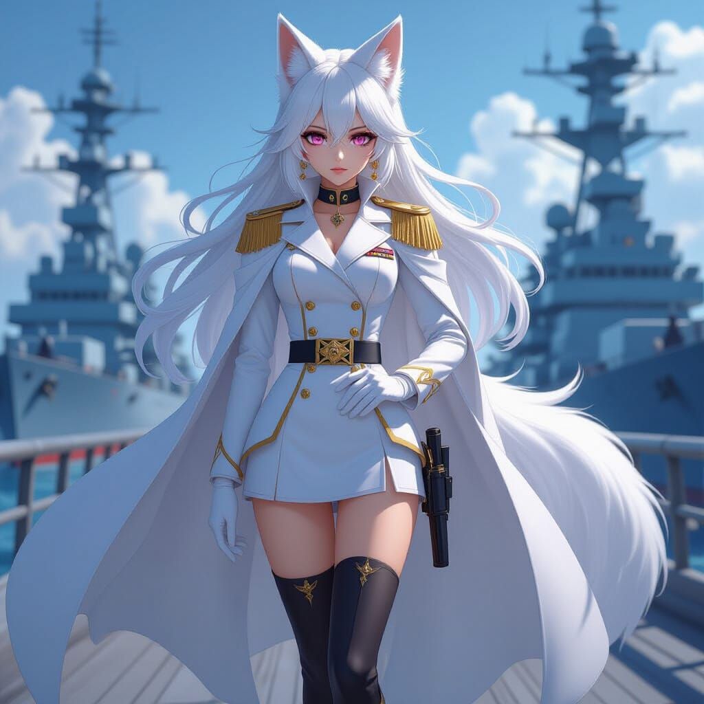 Anime Kitsune Admiral in White Uniform with Pink Eyes