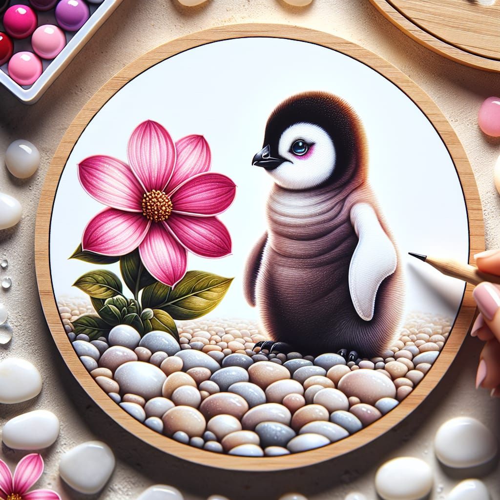 Adorable Penguin on Pebble Beach with Flower