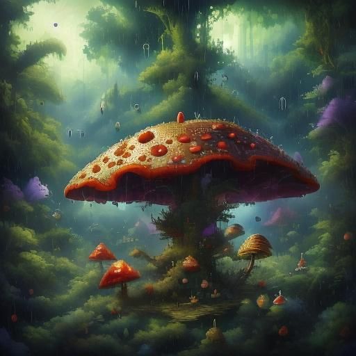 Praying Mantis on Mushroom in Jungle