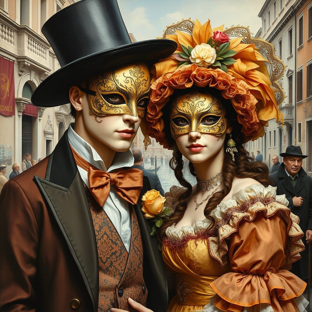 Festival Venice-Italy, handsome couple lovers, Masks, Resplendent Costume, Impasto Oil, Acrylic Pour, Catrin Welz-Stein,...