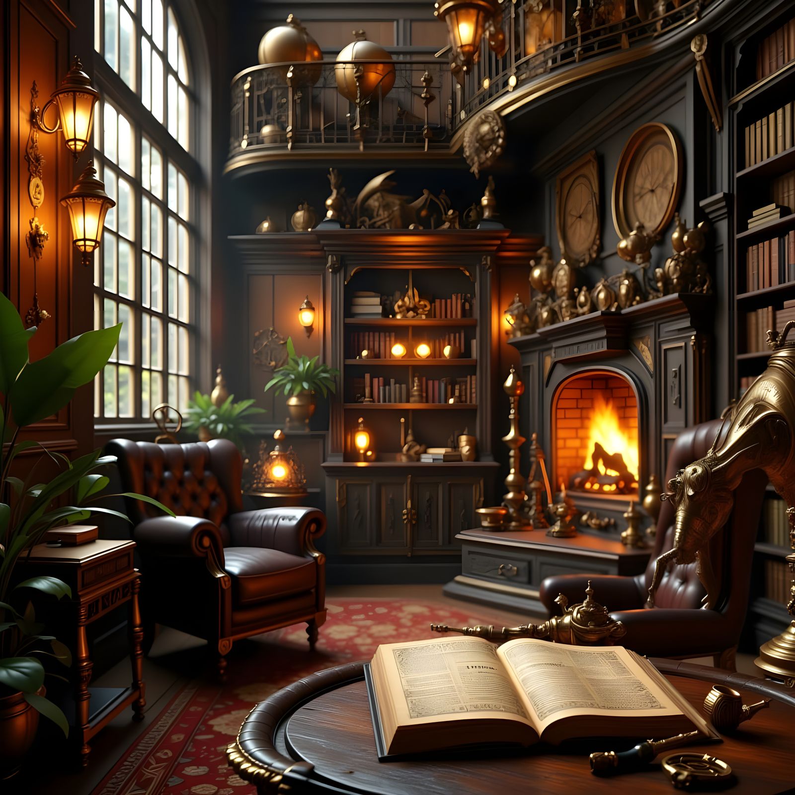 Victorian Steampunk Library in Golden Light