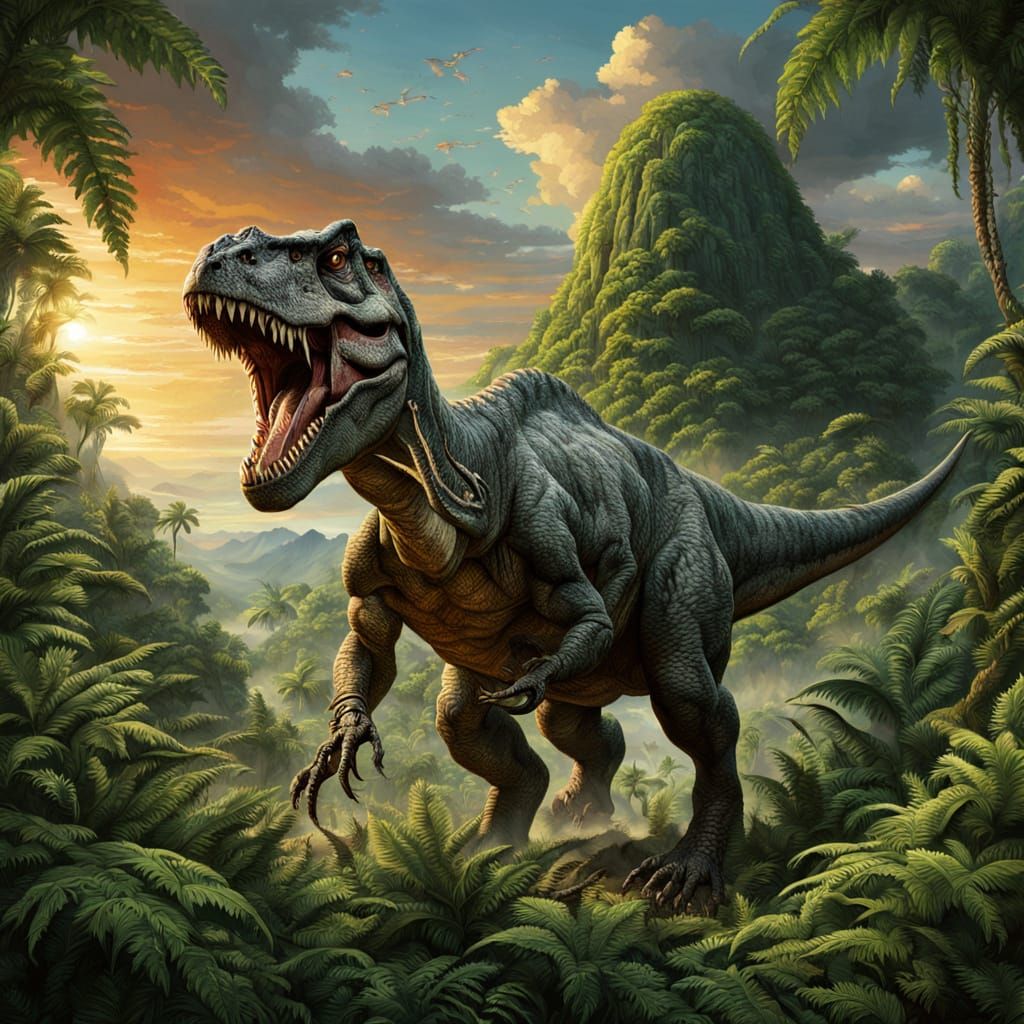 Tyrannosaurus Rex in Jungle, Realistic Paleoart Illustration
