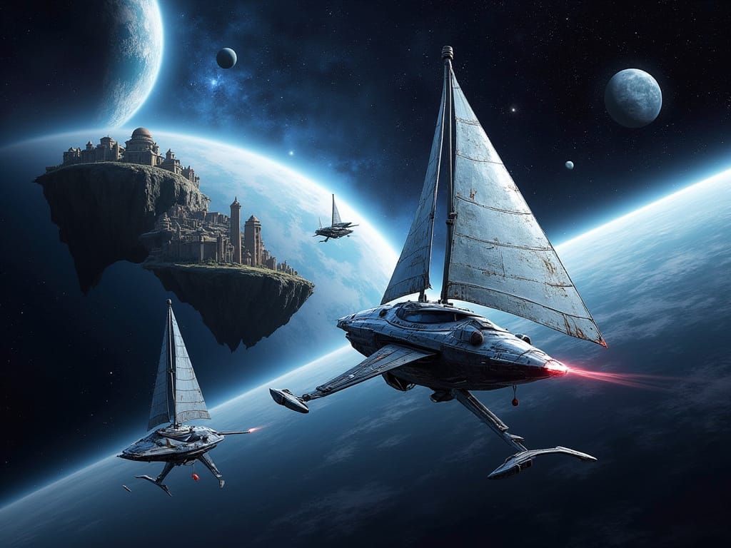 Futuristic Solar Sail Spaceships Race Through Alien Nebula