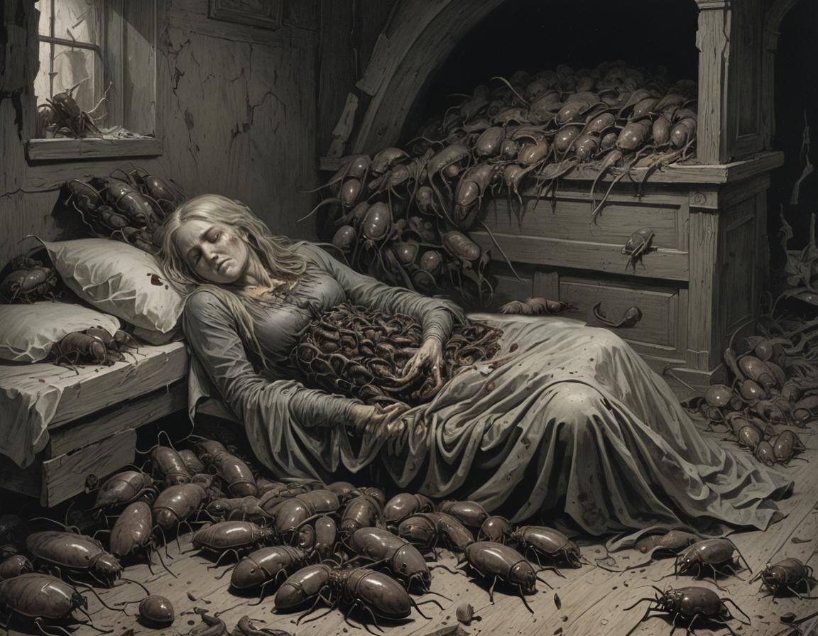 Macabre Cockroach-Infested Corpses in Gothic Horror Style