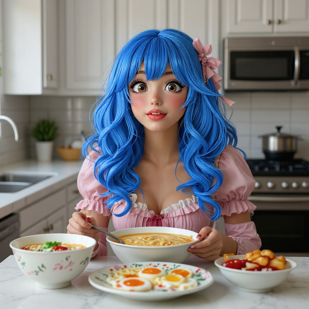 Anime Girl Enjoying Ramen in Cozy Kitchen