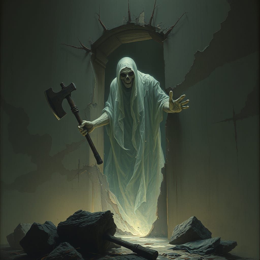 Ethereal Horror Figure Emerges from the Shadows in a Dark Cy...