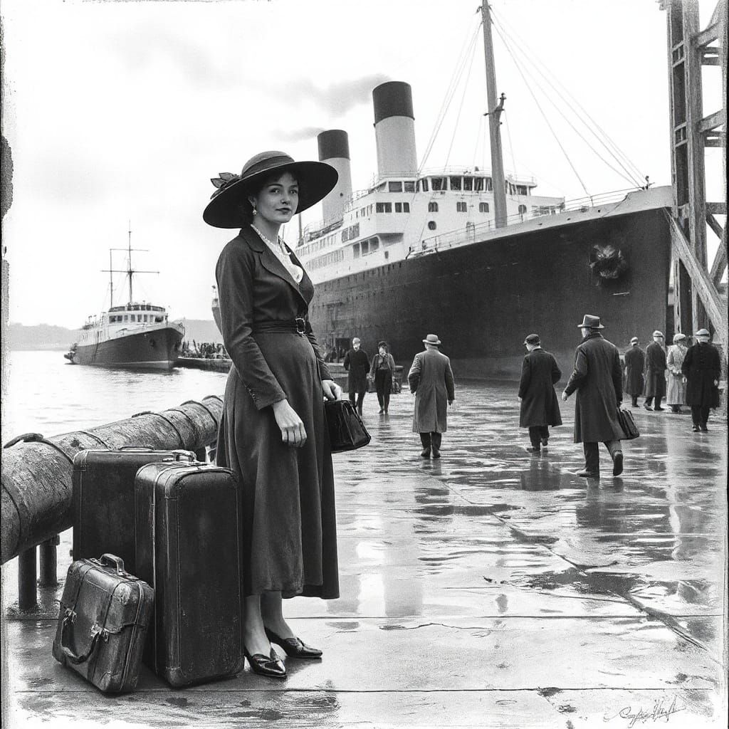 Vintage Woman on Dock Awaiting Steamship in 3D Pencil Sketch