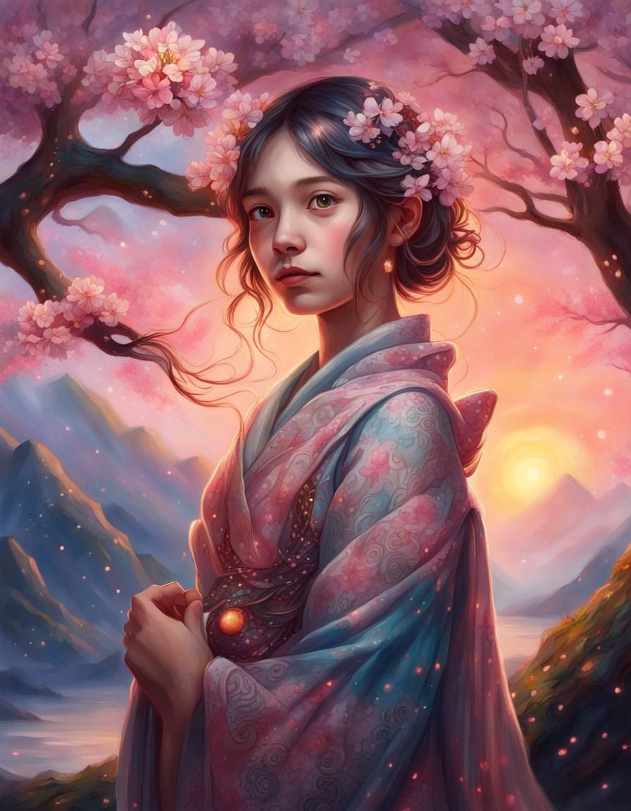 Fantasy Cherry Blossom Girl Portrait in Watercolor Style
