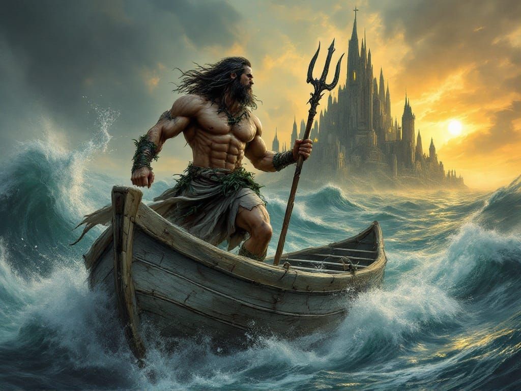Poseidon being a  boatman in a wild sea
