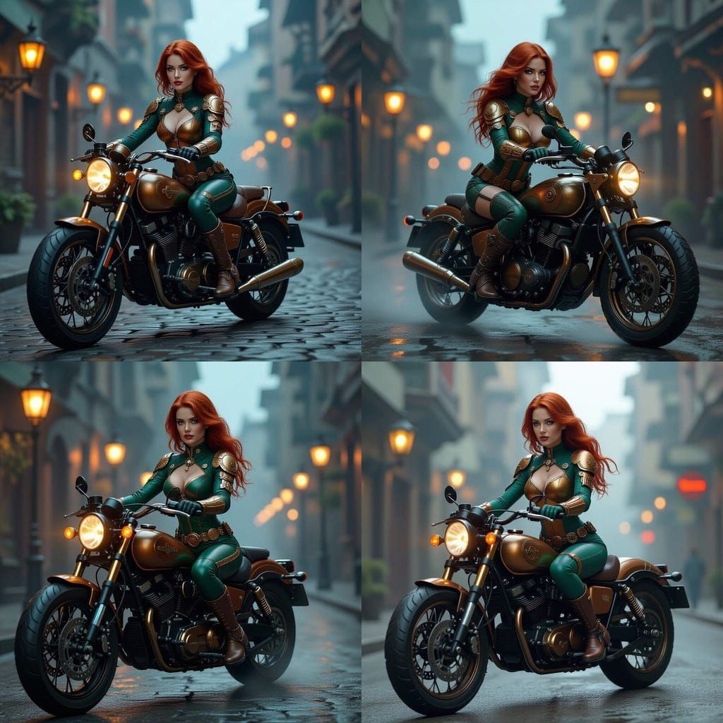 Steampunk Redhead Woman Rides Moto Through Misty Streets