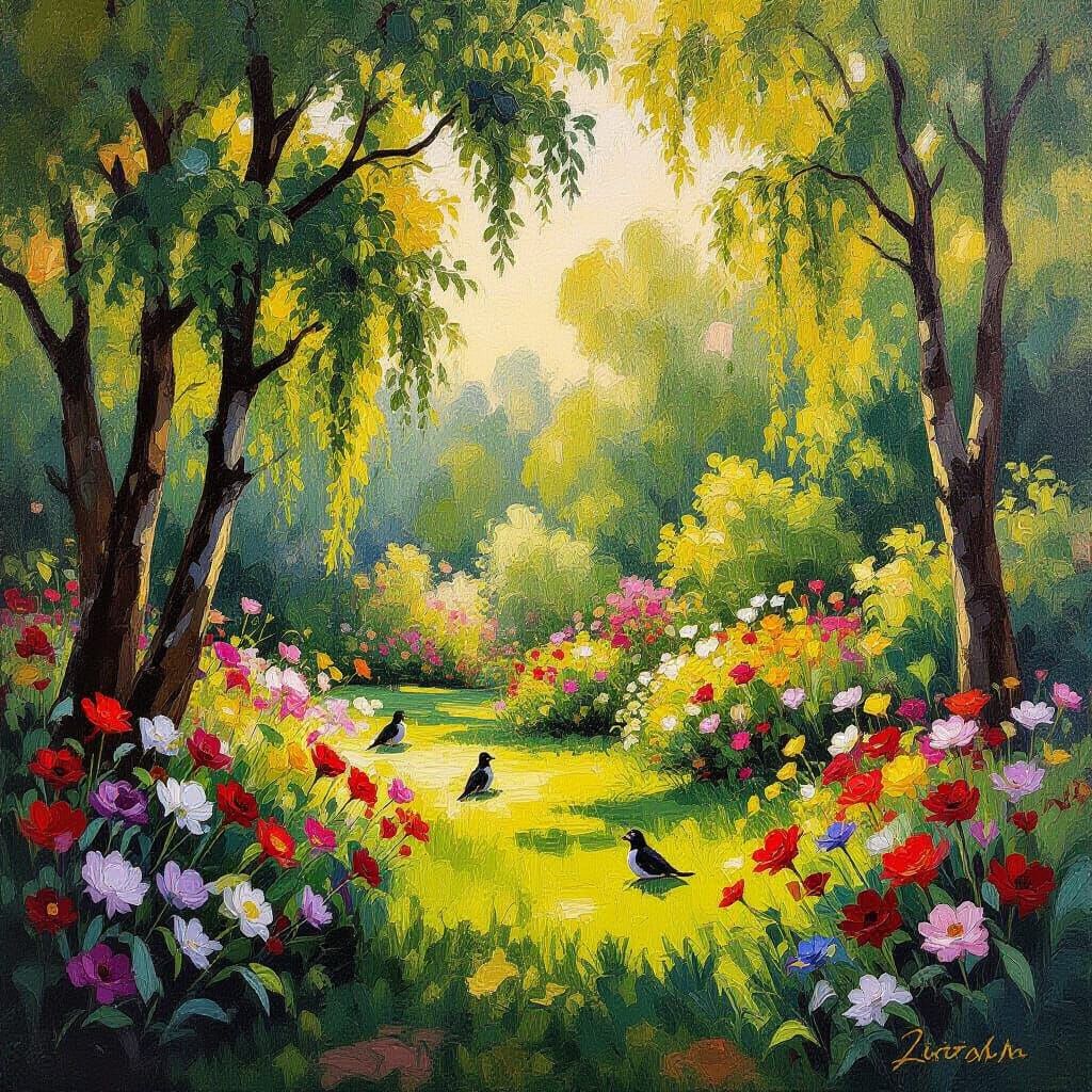 Blooming Landscape in Impressionist Style with Golden Light