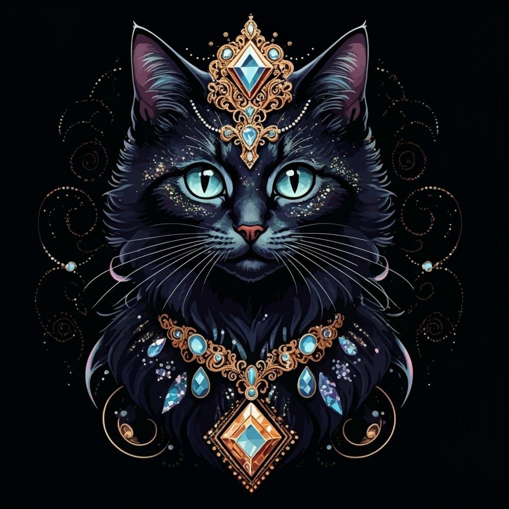 Iridescent Diamond Cat in Art Deco Style