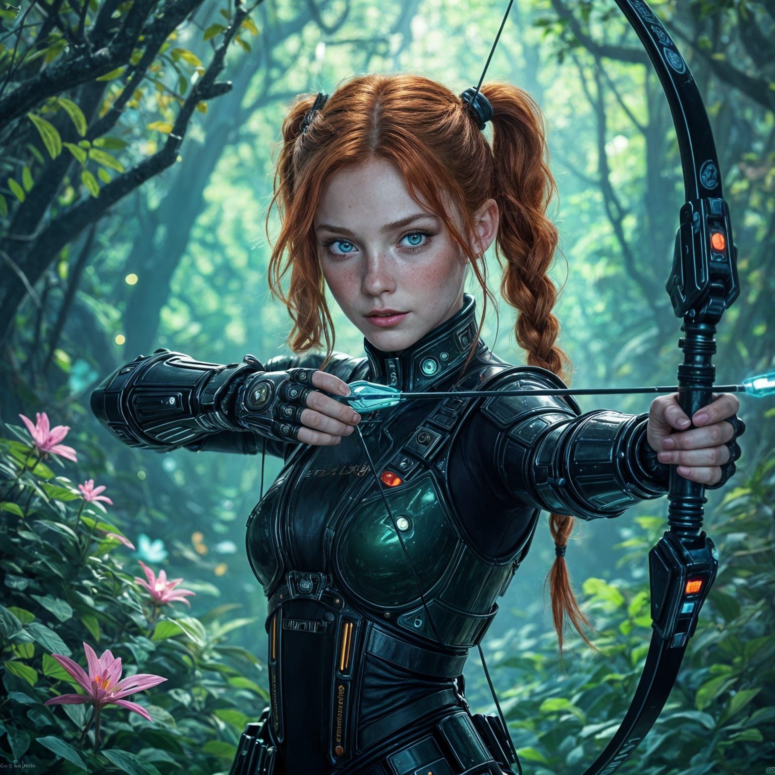 Cyberpunk Archer in Bioluminescent Forest