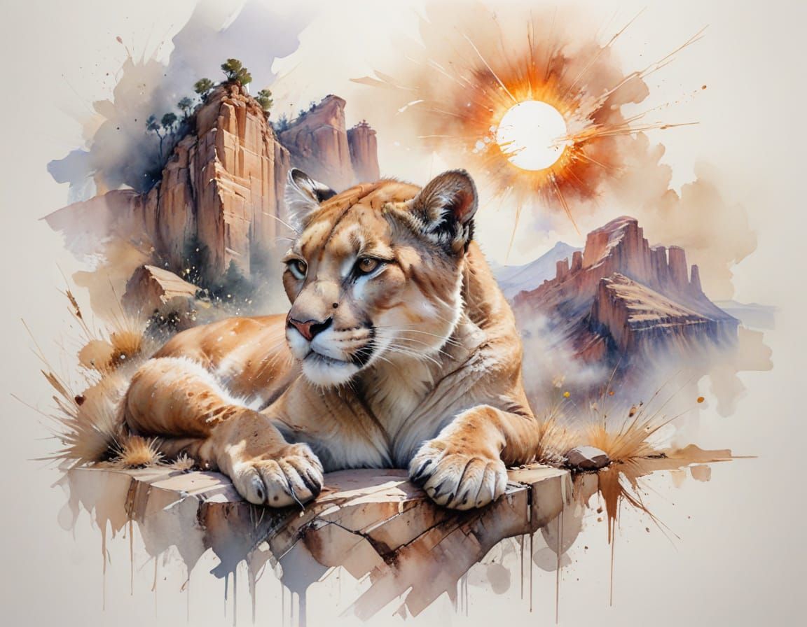 Relaxed Cougar on Sunlit Rock Overlooking Canyon in Watercol...