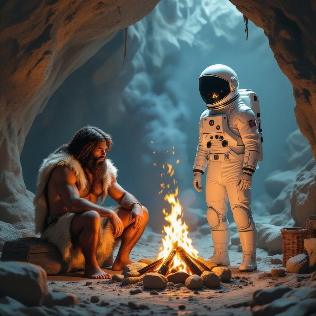 Caveman Meets Spaceman by Fire in Rustic Cave