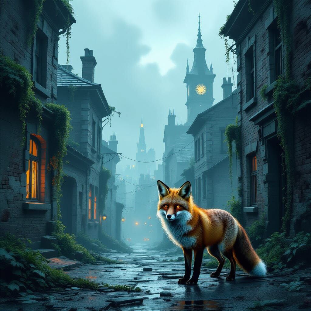 Lone Fox in Ruined City Street, Dark Fantasy Art
