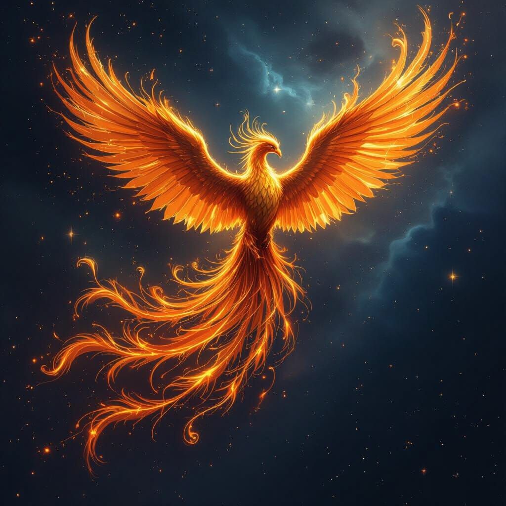Molten Gold Phoenix Soars Through Cosmic Nebula