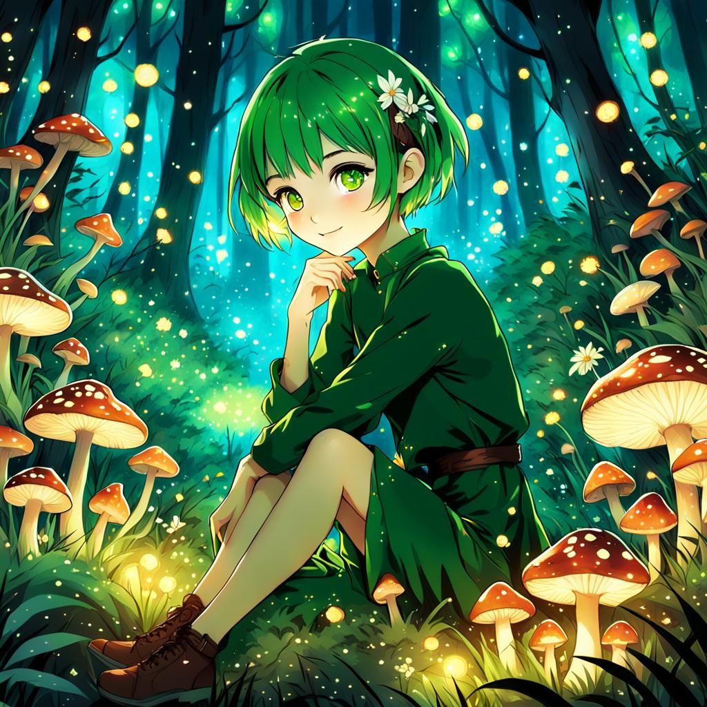 Anime Girl with Green Eyes in Glowing Forest