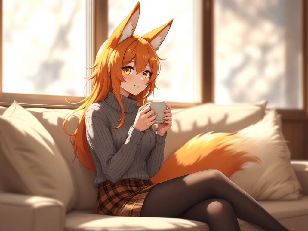 Anime Fox-Girl with Hot Drink in Cozy Cabin