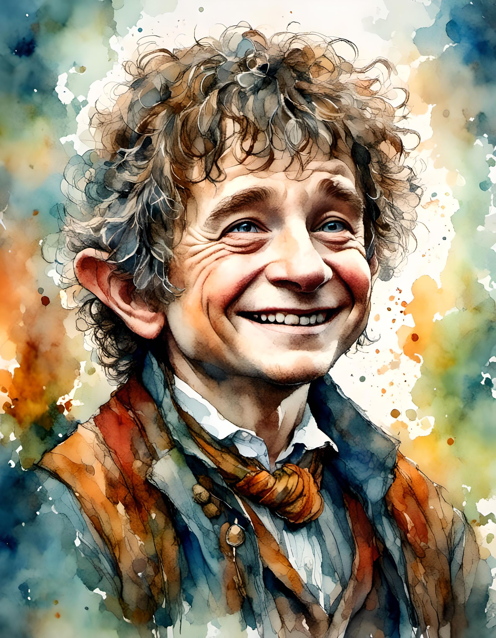 Happy Bilbo Baggins Portrait in Watercolour and Ink