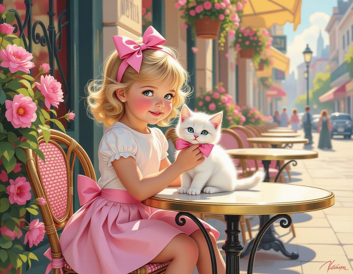 Girl with Kitten at Cafe in Whimsical Digital Art Style