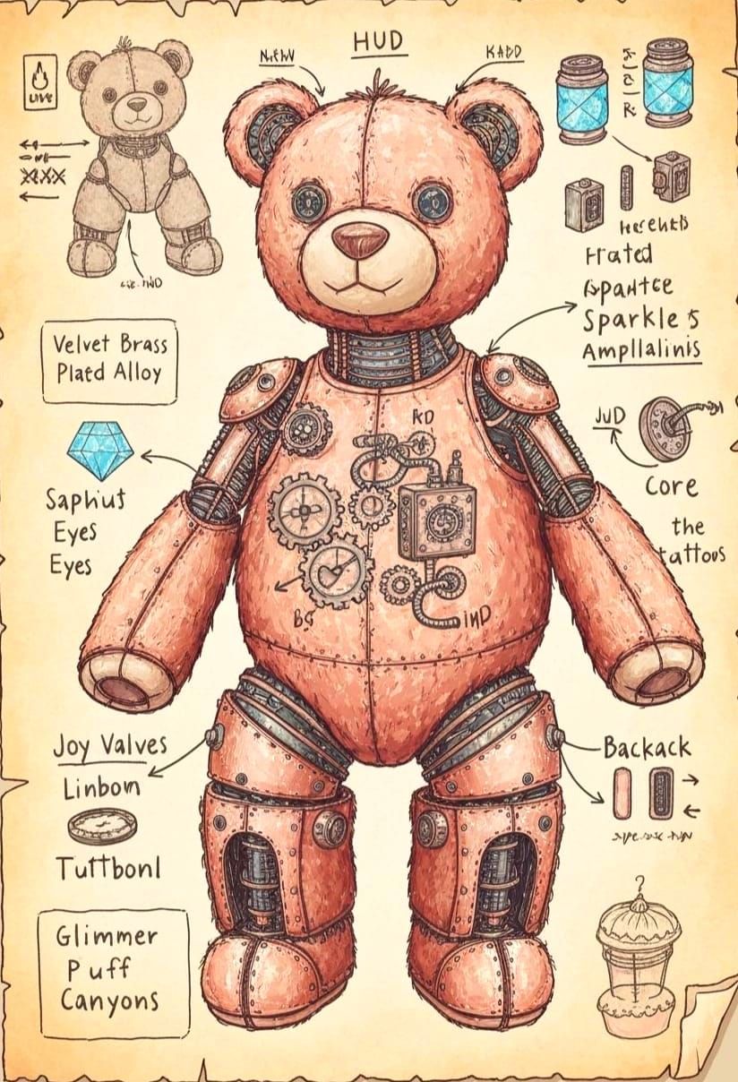 Steampunk Teddy Robot Blueprint in Mechanical Surrealism Sty...