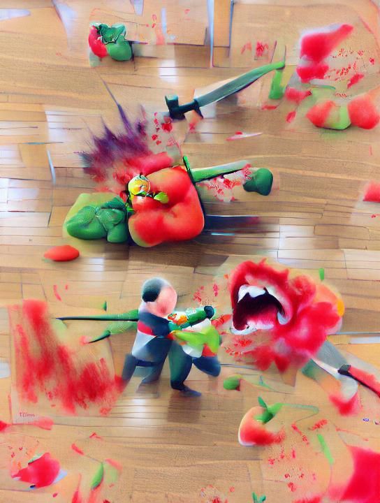 Vegetables' Bloody Battle in Impressionistic Style