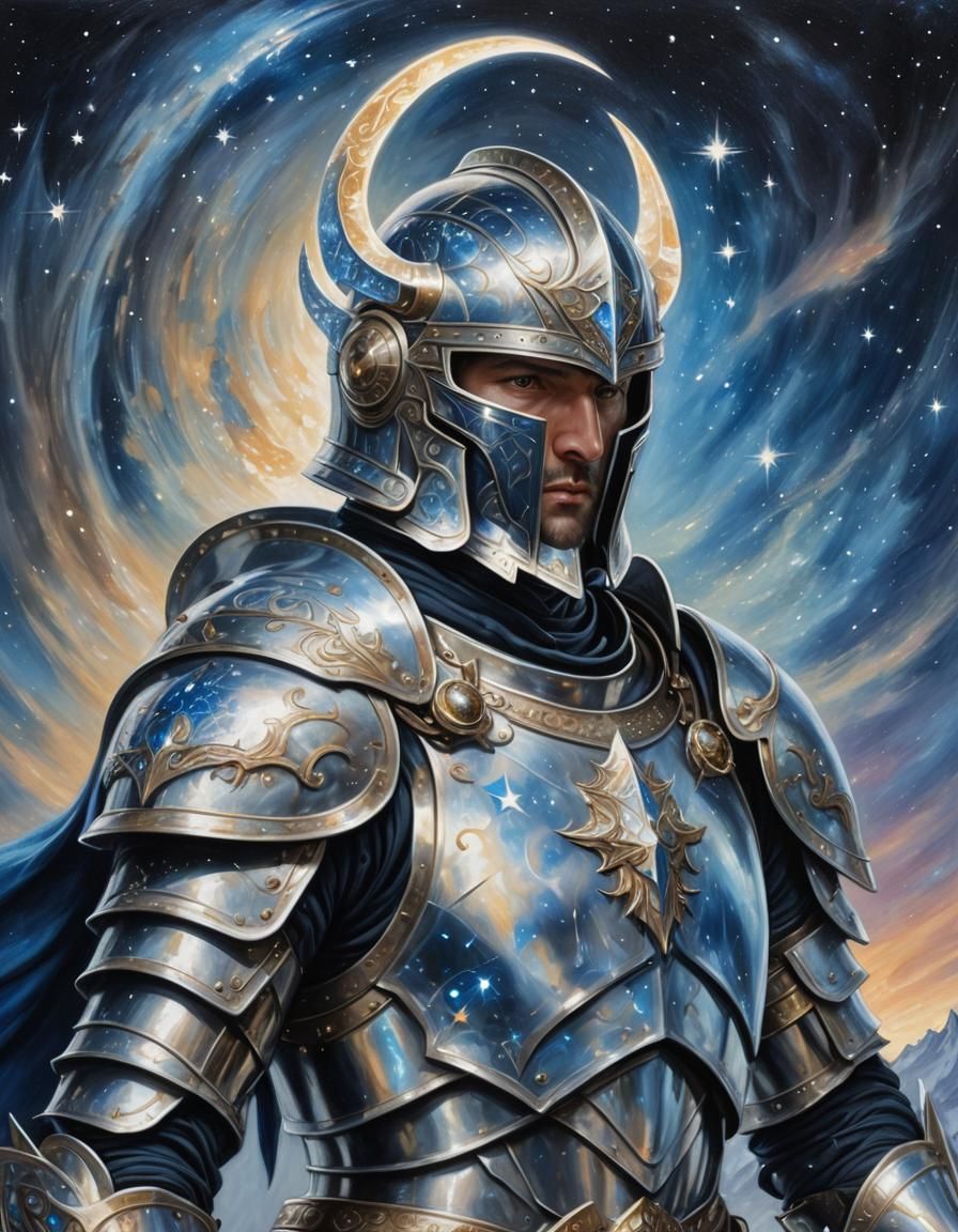 Astral Knight with Celestial Sword in Oil Painting