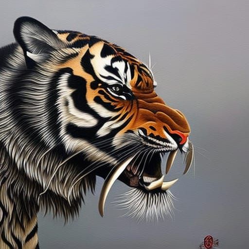 Japanese Dragon and Tiger Oil Painting