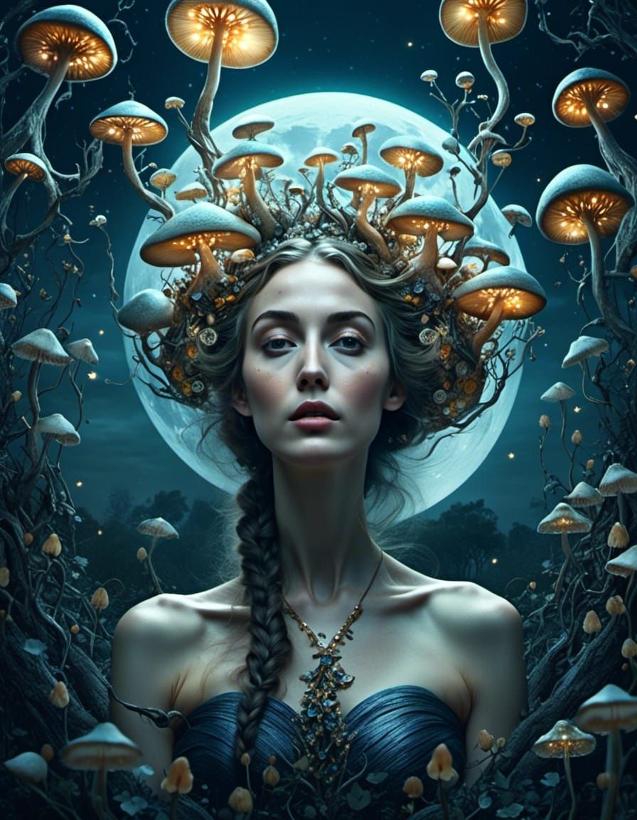 Moonlit Goddess with Glowing Mushrooms in Universe