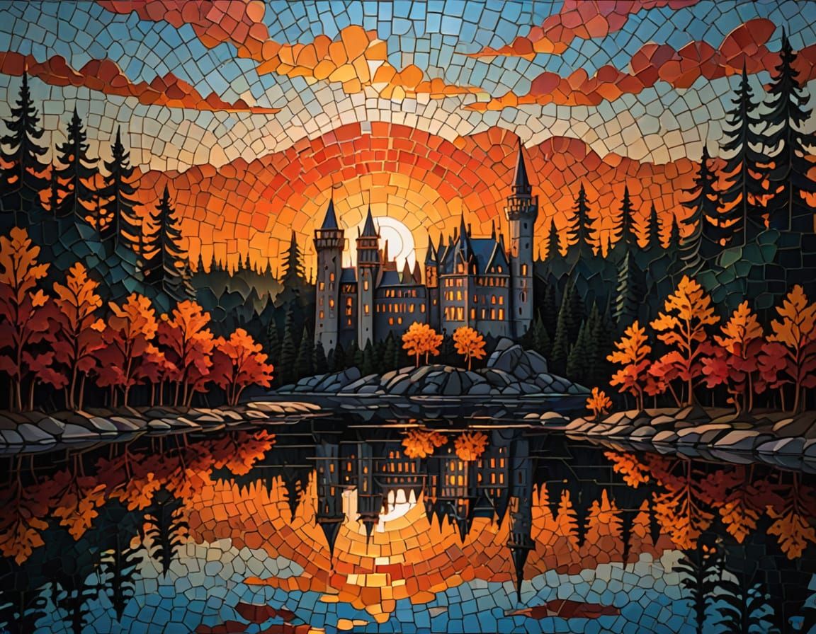 Textured Metal Forest Lake Castle Sunrise
