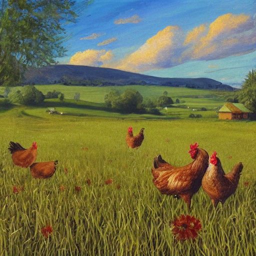 Chickens in a Sun-Drenched Rural Landscape with Folk Art Acc...