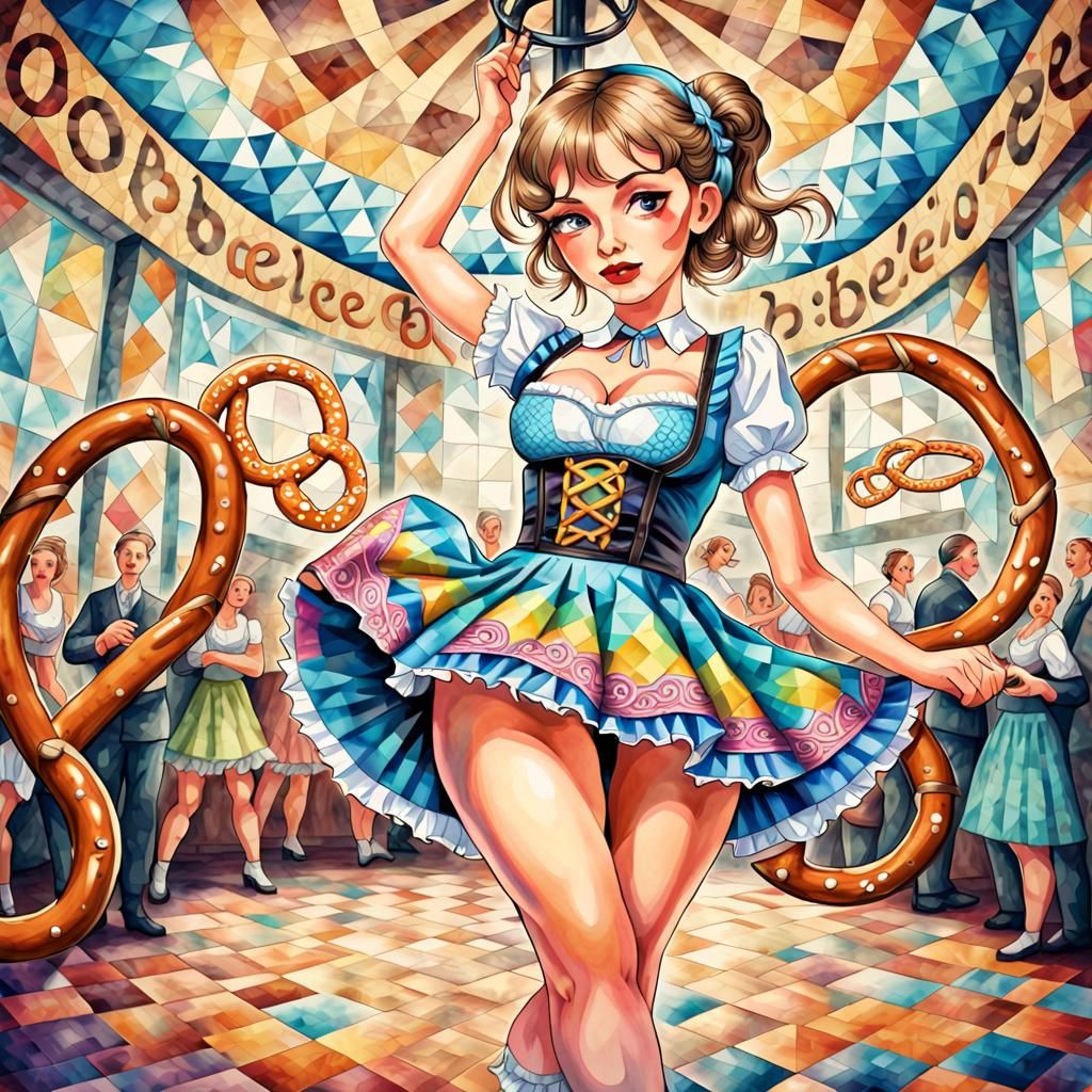 Bavarian Woman Pole Dancing at Oktoberfest in Psychedelic Mo...