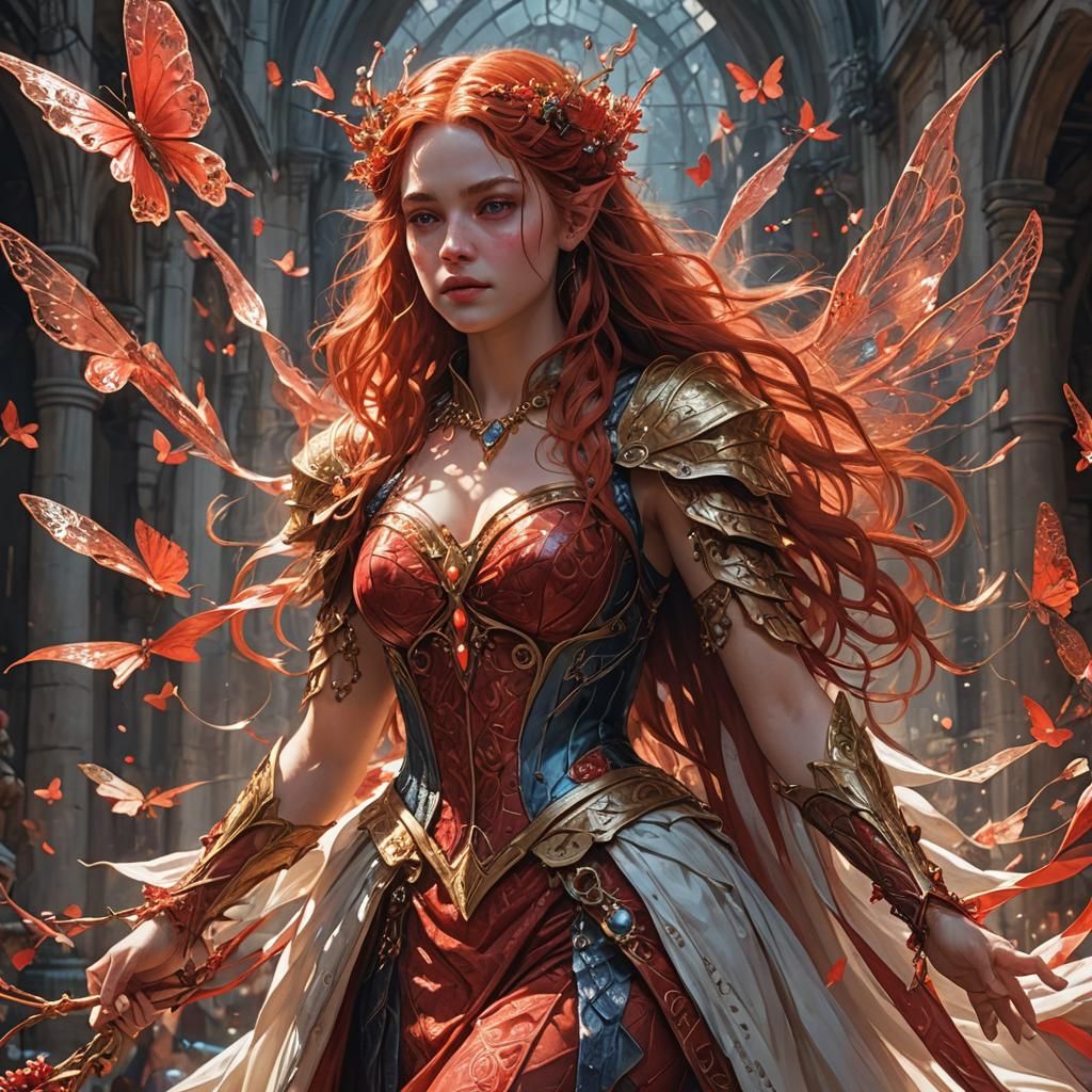 Redhead Fairy Woman with Torn Wings
