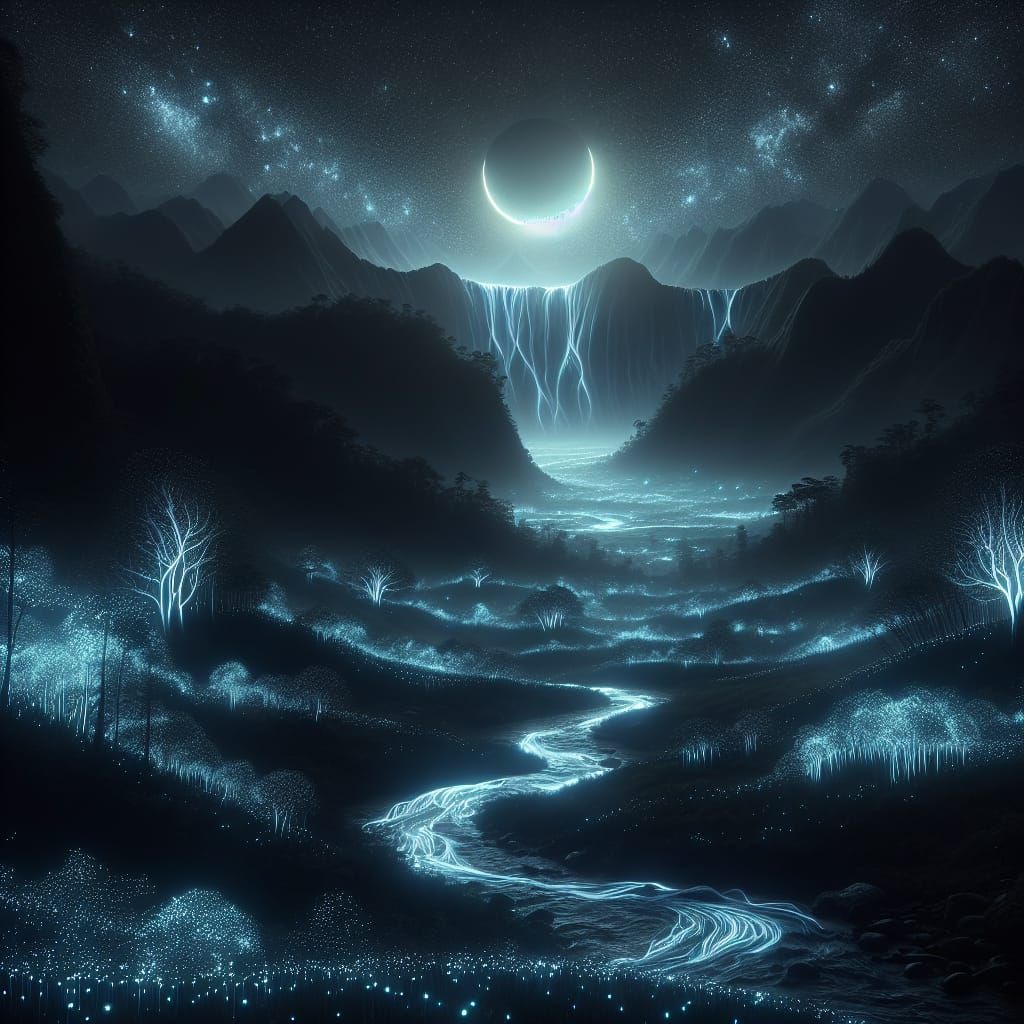 Ethereal Hypermaximalist Night Scene with Bioluminescent Tre...