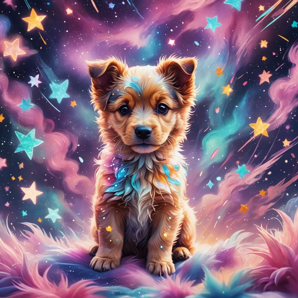 Cosmic Puppy in Space with Aurora Borealis