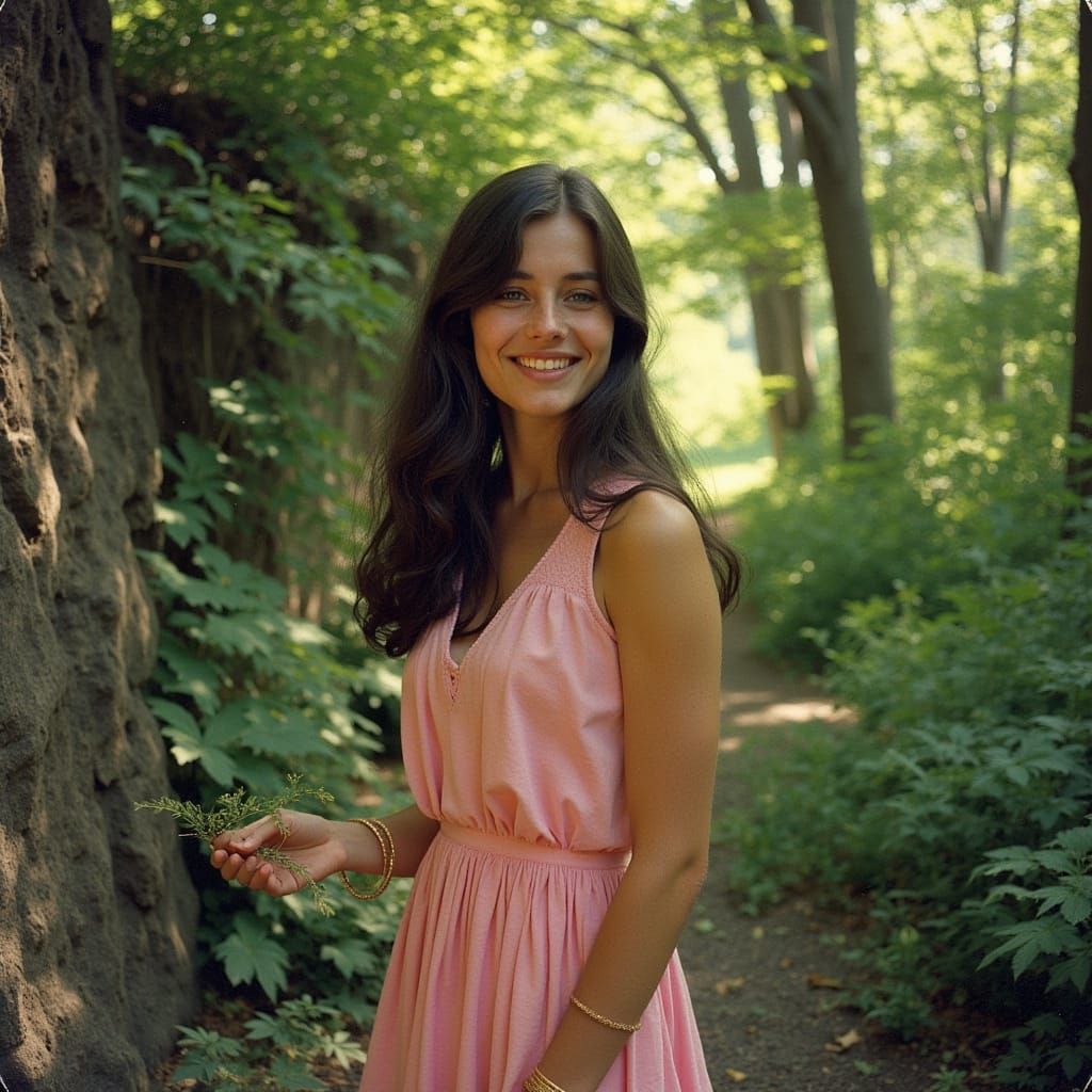 Young Woman in Vintage Pink Dress in Lush Greenery