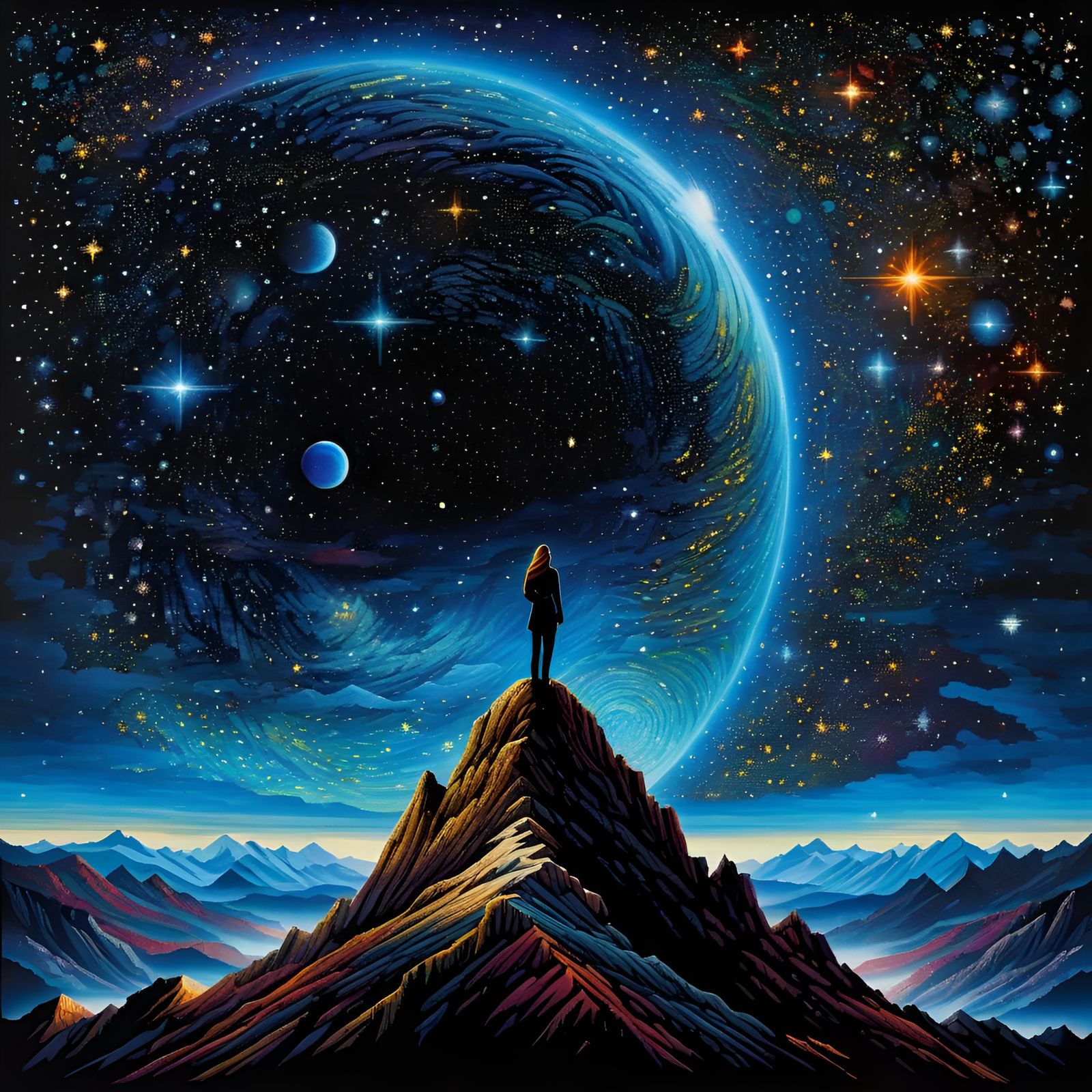 Girl Living Among Stars in Mixed Media Style