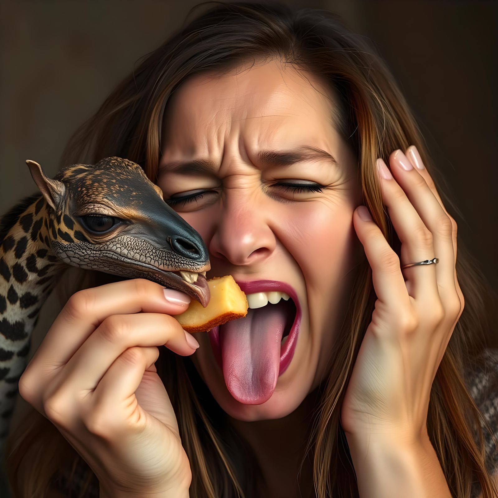 Expressive Woman Eating: A Portrait of Joy and Pain