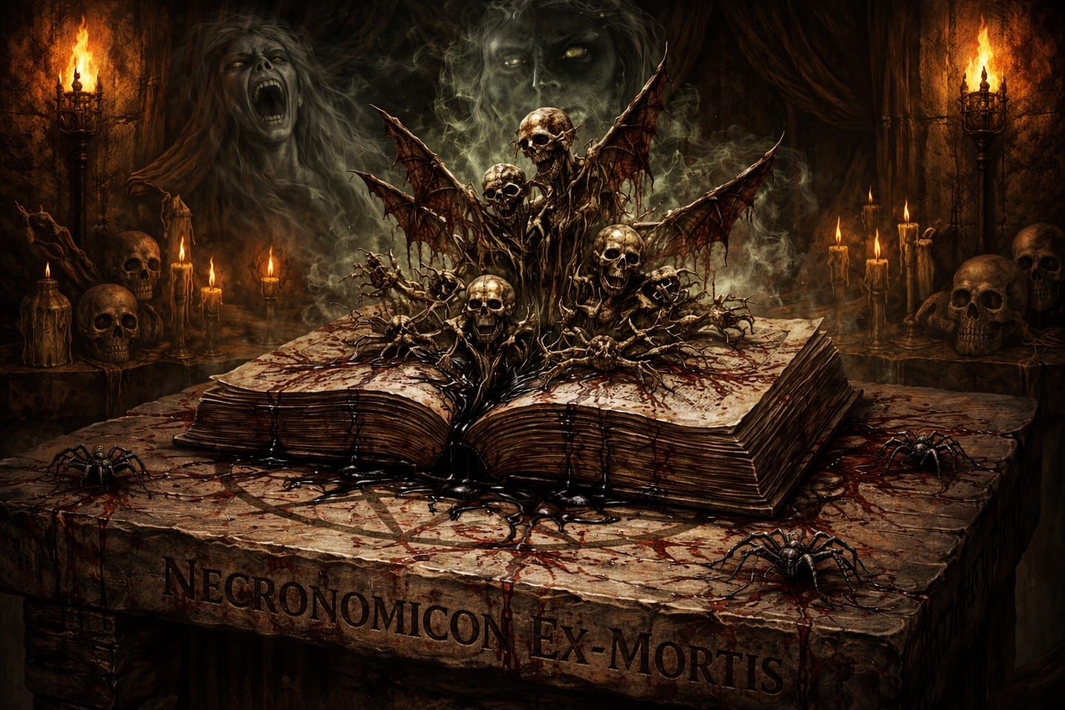 Horrific Necronomicon Rises from Table in Macabre Room