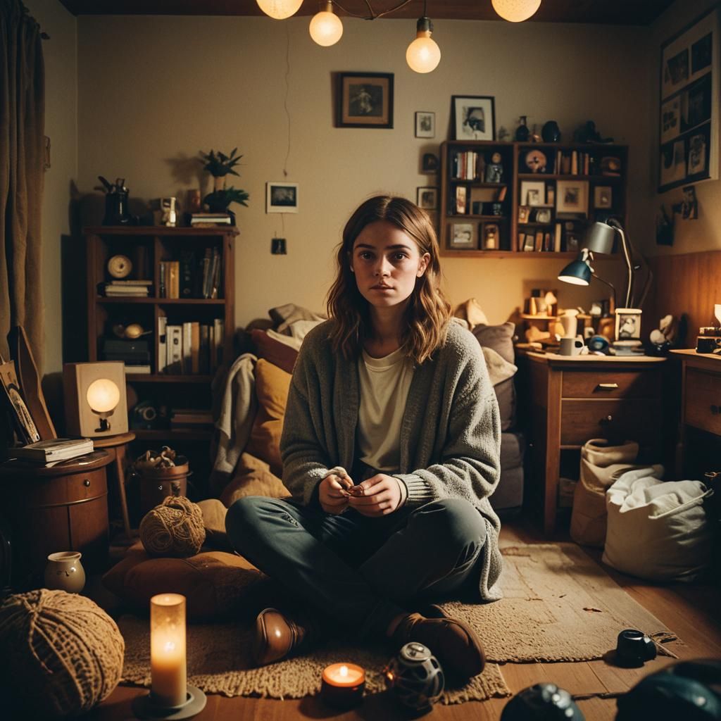 Cozy Film Still of Emma in Warmly Lit Room