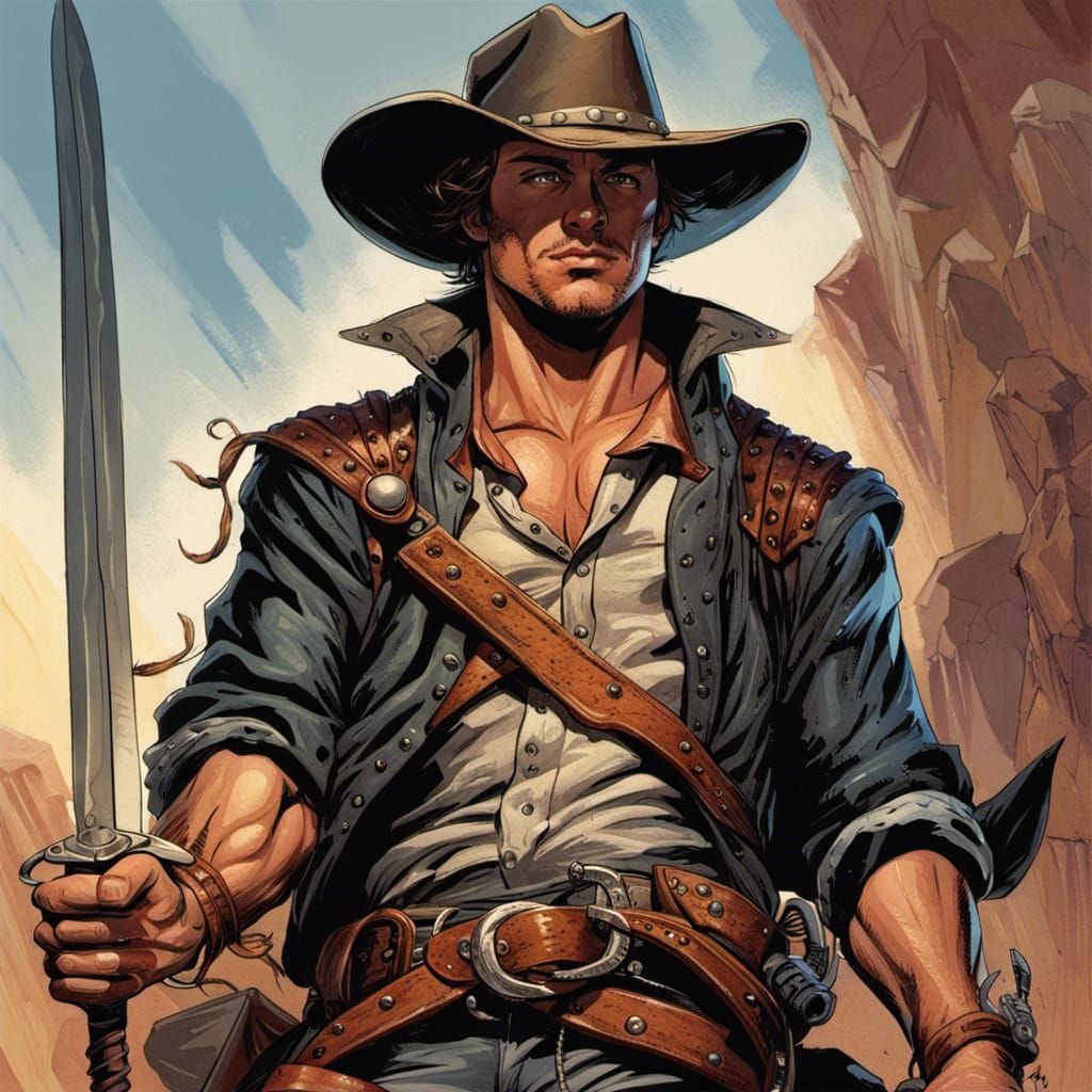 Handsome Cowboy with Sword in Comic Book Art Style