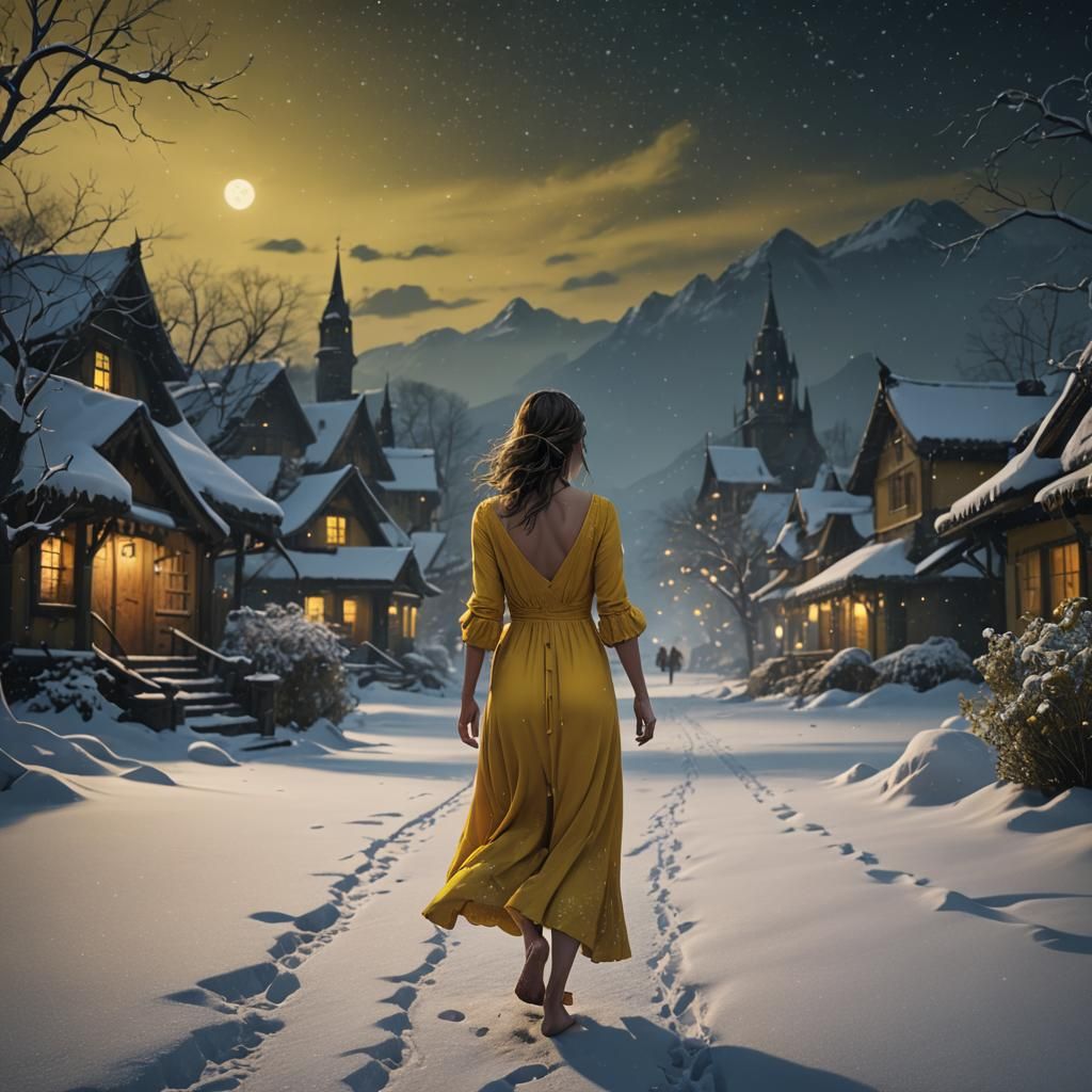 Woman in Yellow Dress Walks Barefoot in Snow