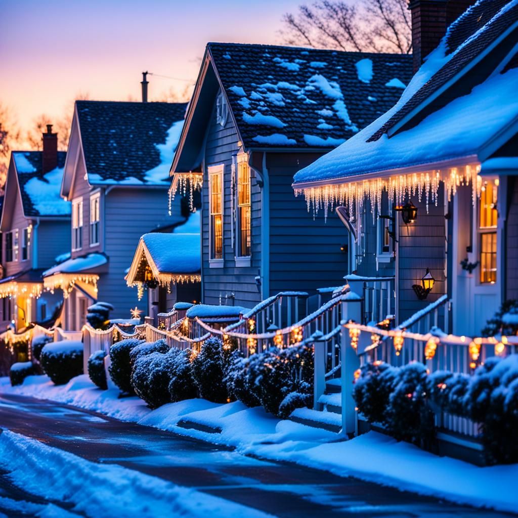 Festive Christmas Lights in Snowy Winter Landscape